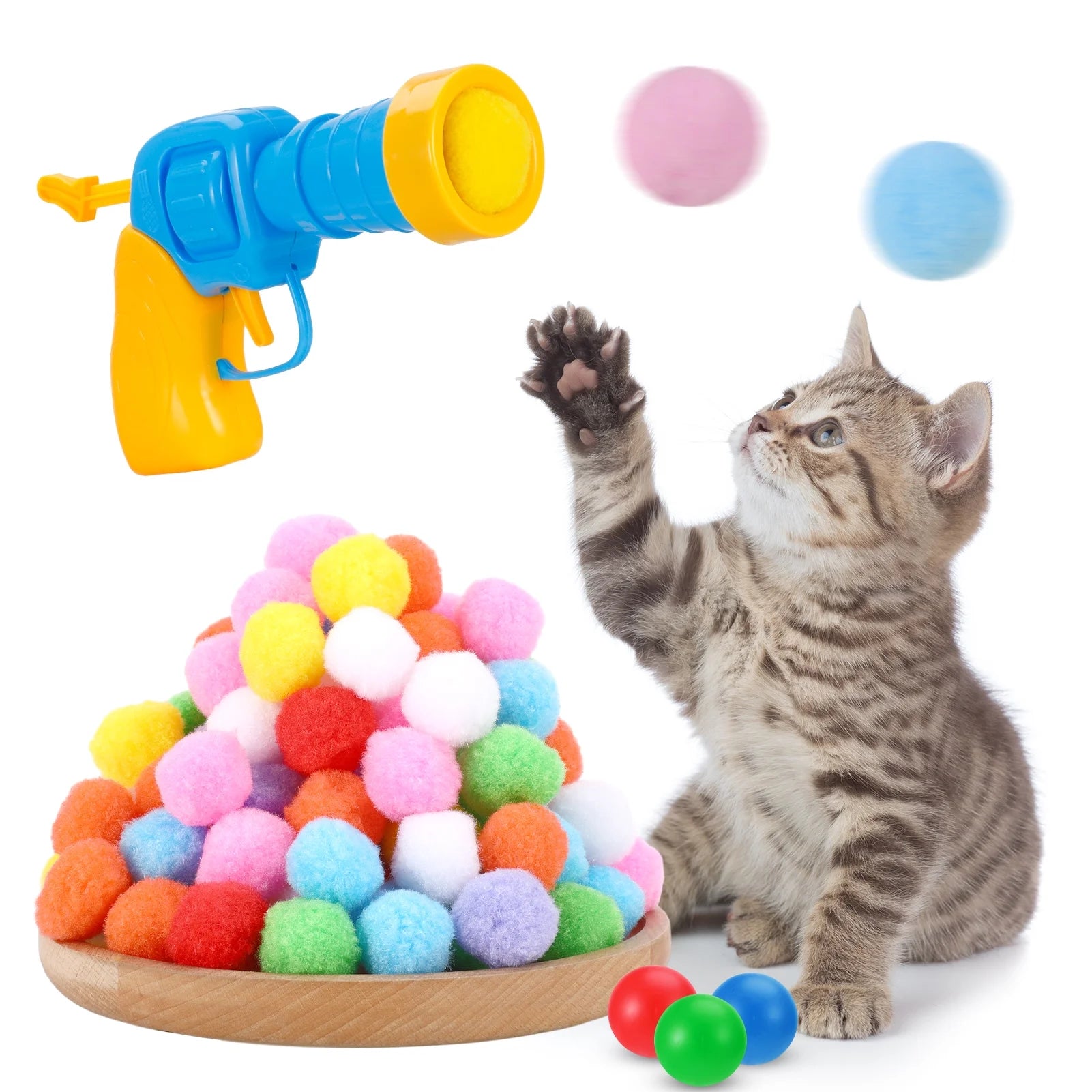 Interactive 100-Piece Cat Toy Ball Set with Launcher & Pinballs, Yellow
