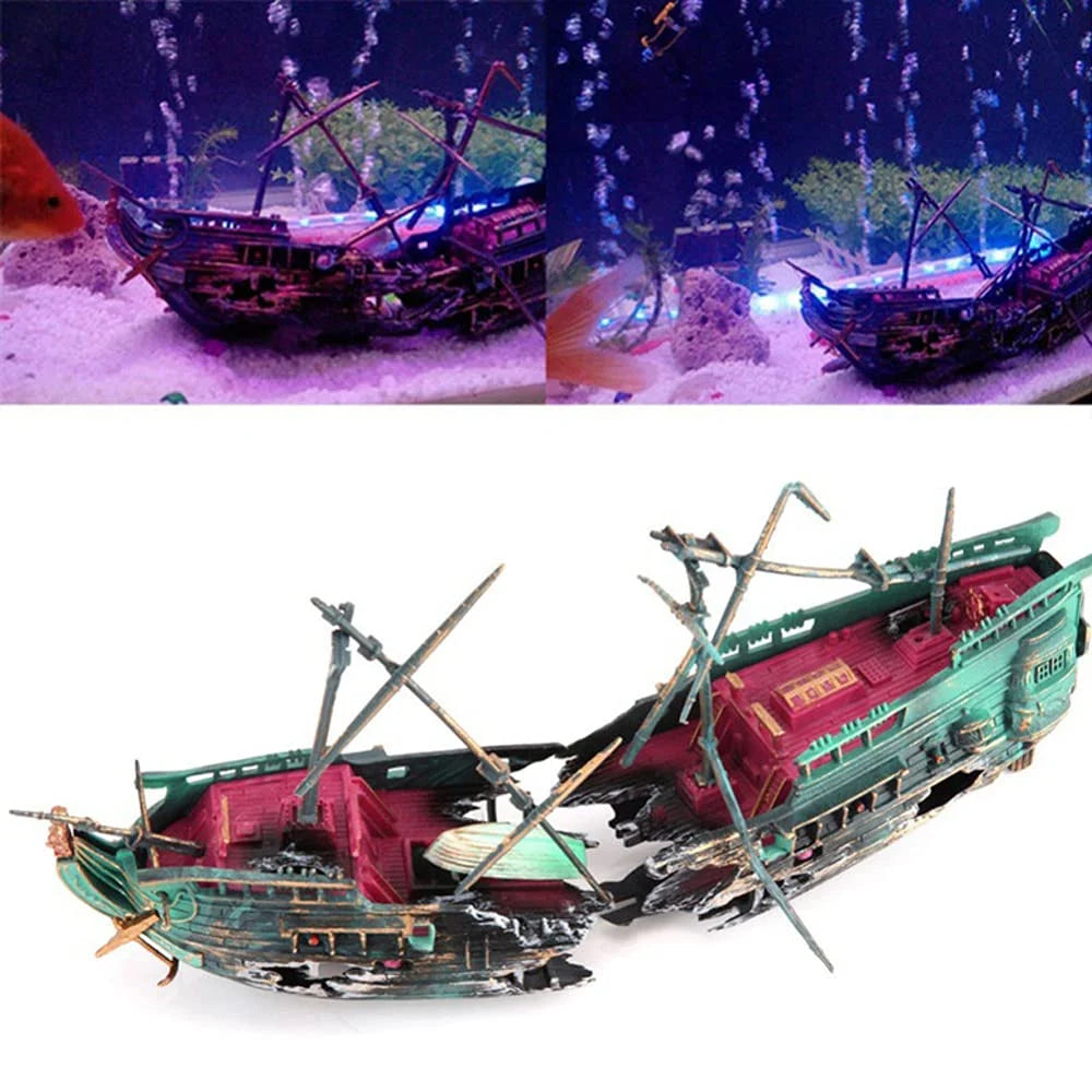 Fishing Boat Aquarium Ornament Plastic Decoration Sunken Pirate Ship Theme