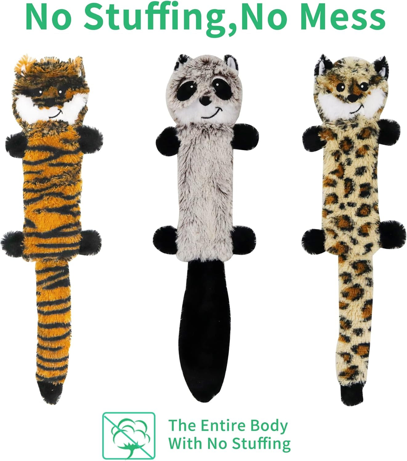 Soft Dog Toy Non-Stuffing Pets Toy Sets - Small Dog Toy Sets 3 Pack 18 Inch - No Stuffing Puppy Teething Toys(Leopard,Tiger,Raccoon 18 Inch)