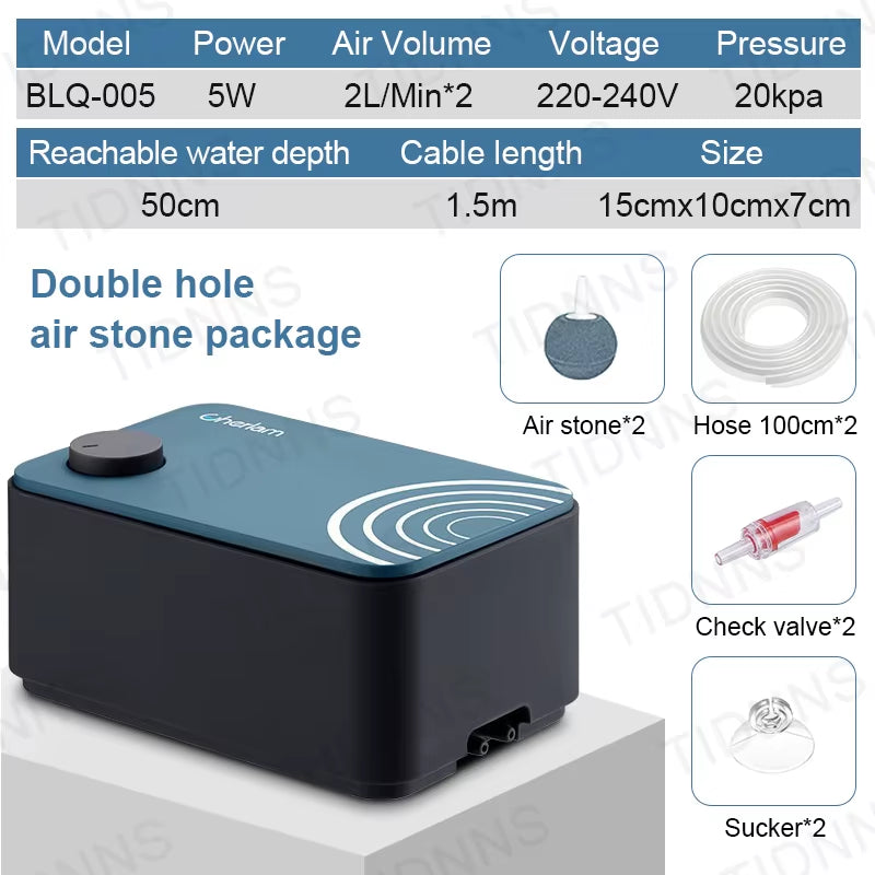 Silent Aquarium Oxygen Air Pump with Check Valve Fish Tank Double Outlet Large Oxygenator Aquarium Air Compressor Aerator 220V8W