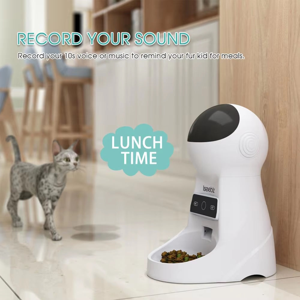 Iseebiz 3L Automatic Pet Feeder with Voice Record Pets Food Bowl for Medium Small Dog Cat LCD Screen Dispensers 4 Times One Day
