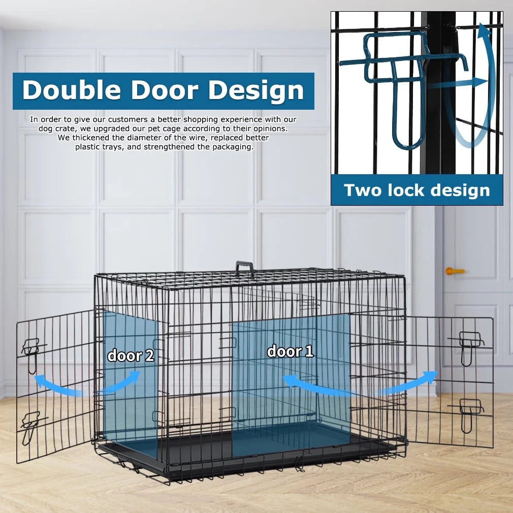 42 Inch Dog Cage for Large Dogs Indoor, Folding Dog Crates and Kennels Double Door, Black Dog Kennels for Large Dogs,Pet Cage with Tray Pan for Dogs