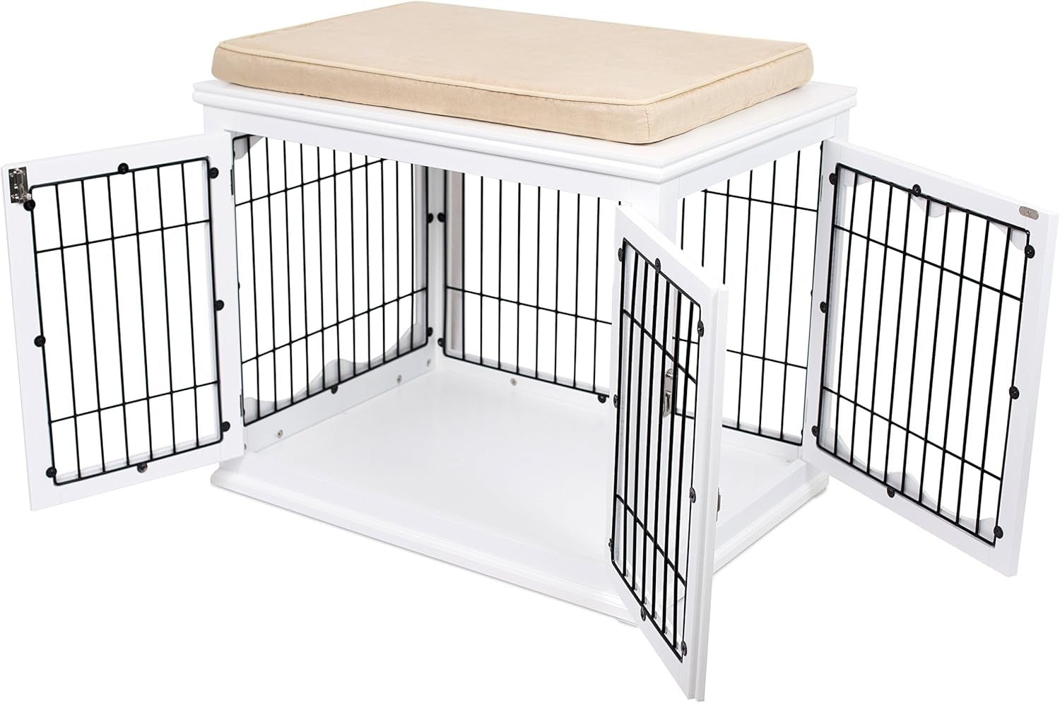 Decorative Dog Kennel with Pet Bed - Small Indoor Pet Crate, Double Door Design, Engineered Wood & Metal Wire, Furniture-Style House for Small Dogs, Side Table or Nightstand, White