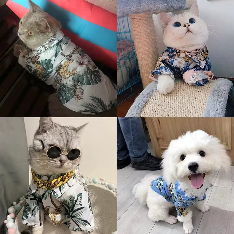 Small and Medium-Sized Dog Beach Pineapple Shirt Hawaiian Pet Dog Cat Golden Retriever Spring and Summer Season Clothing