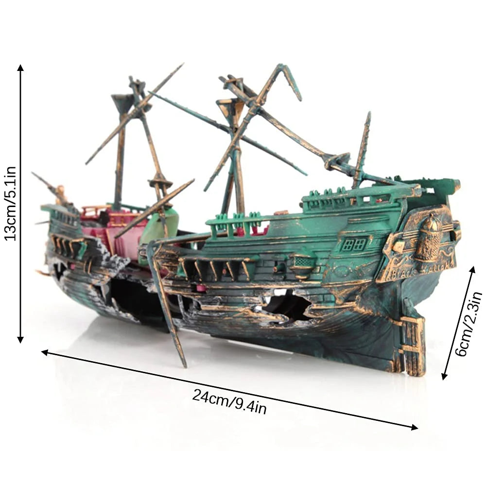 Fishing Boat Aquarium Ornament Plastic Decoration Sunken Pirate Ship Theme