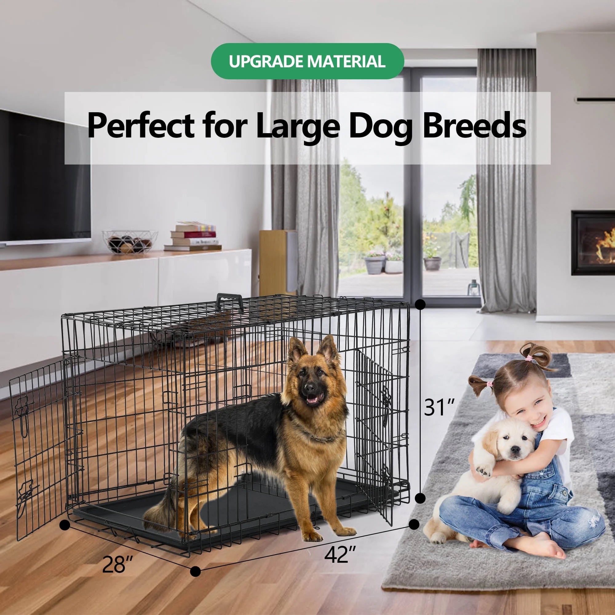 42 Inch Dog Cage for Large Dogs Indoor, Folding Dog Crates and Kennels Double Door, Black Dog Kennels for Large Dogs,Pet Cage with Tray Pan for Dogs