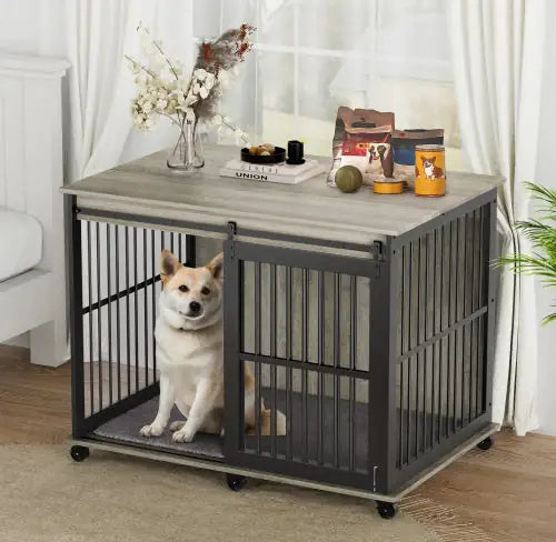 Furniture- Reinforced Sliding Iron Door Dog Cage With Mat