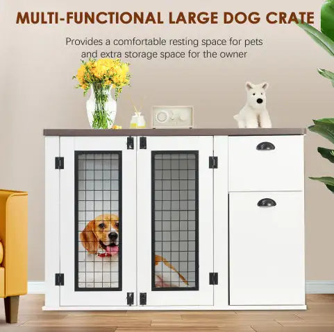 Furniture Style Dog Cage, Wooden Dog Crate, Double Door, Side Cabinet Dog Cage